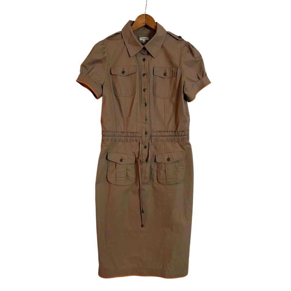 Women's J. Peterman Khaki Dress Drawstring Waist Orange Accents Sz 8 EUC